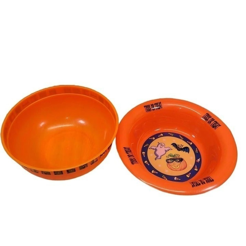 Halloween Plastic Bowls‎ 2pc Orange Trick or Treat Ghost Pumpkin Bat Vtg